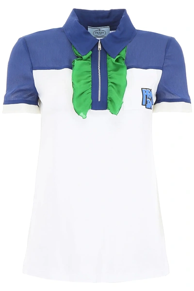 Shop Prada Polo Shirt With Ruffles And Logo Patch In White,blue,green