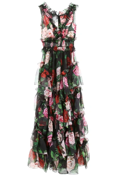 Shop Dolce & Gabbana Rose Print Dress In Black,red,green