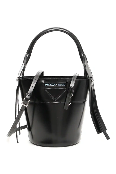 Shop Prada Leather Ouverture Bucket Bag In Black