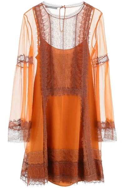 Shop Alberta Ferretti Dress With Lace Details In Orange,brown