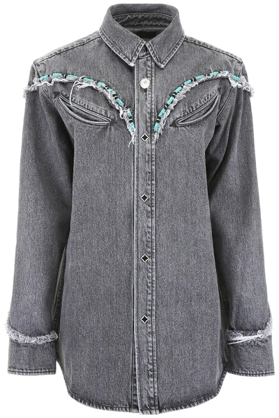 Shop Alanui Denim Shirt With Beads In Grey