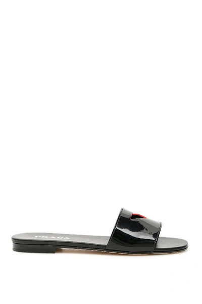 Shop Prada Patent Slides With Cut-out Triangle In Black,red