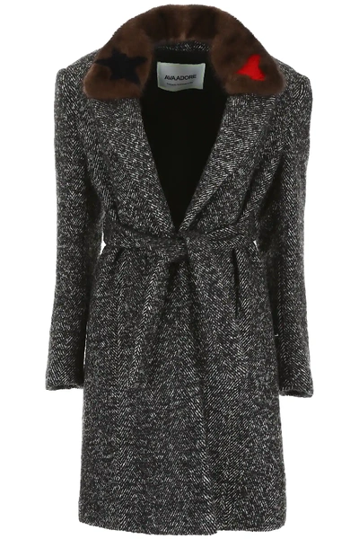 Shop Ava Adore Chevron Coat With Mink Fur In Grey,black