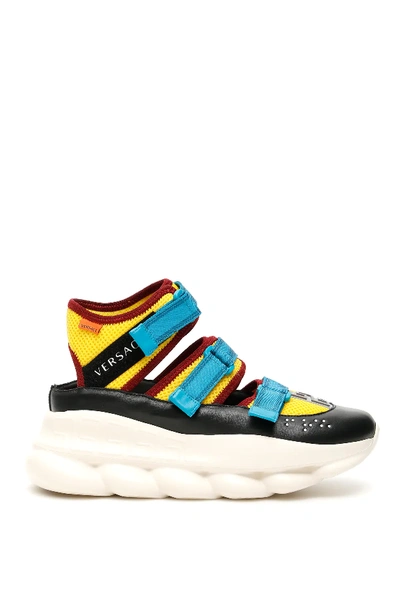 Shop Versace Chain Reaction Cut-out Sneakers In Black,yellow,light Blue