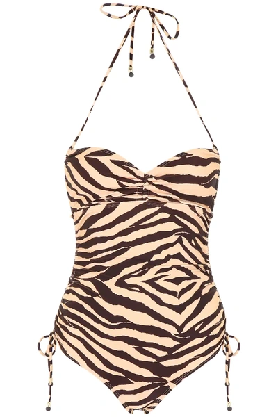 Shop Zimmermann Ruched Swimsuit In Beige,black