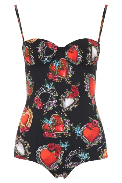 Shop Dolce & Gabbana Sacred Heart Swimsuit In Black,red,green