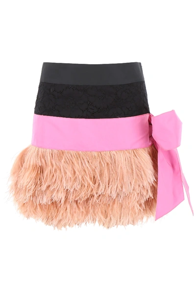 Shop N°21 Mini Skirt With Feathers In Black,pink