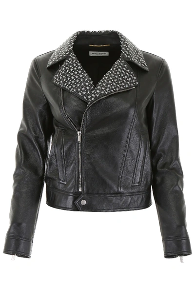 Shop Saint Laurent Leather Jacket In Black,silver