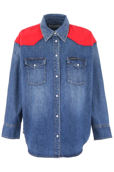 Shop Calvin Klein Jeans Est.1978 Western Denim Shirt With Inserts In Blue,red