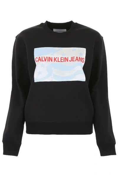Shop Calvin Klein Jeans Est.1978 Logo And American Flag Sweatshirt In Black