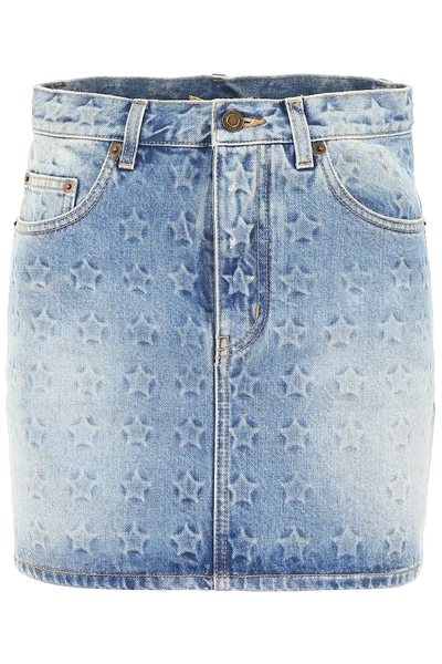 Shop Saint Laurent Star Print Denim Mini Skirt In Blue