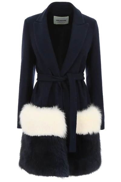 Shop Ava Adore Coat With Fox Fur In Blue