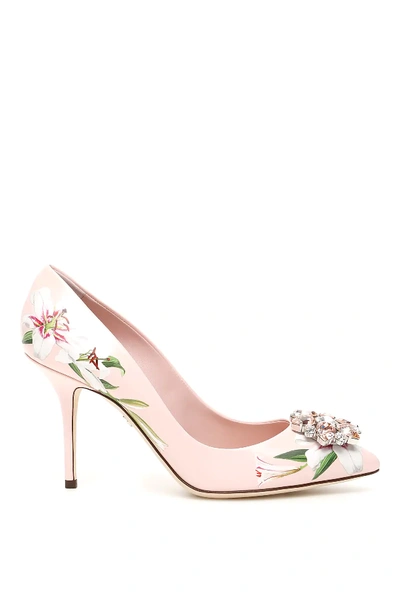 Shop Dolce & Gabbana Bellucci Pumps With Lily Print In Pink,white,green