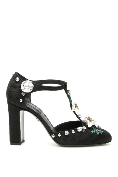 Shop Dolce & Gabbana T-strap Sandals With Lilies In Black,white
