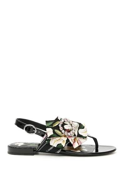 Shop Dolce & Gabbana Patent Sandals With Bow In Black,white,green
