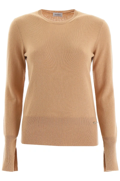 Shop Ferragamo Pullover With Logo Pin In Beige