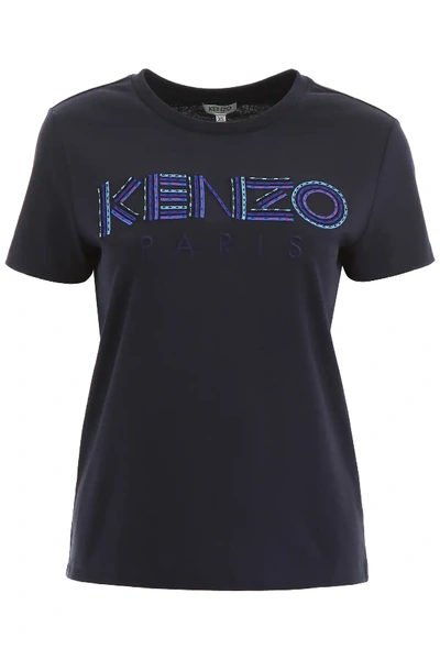Shop Kenzo T-shirt With Logo Embroidery In Blue