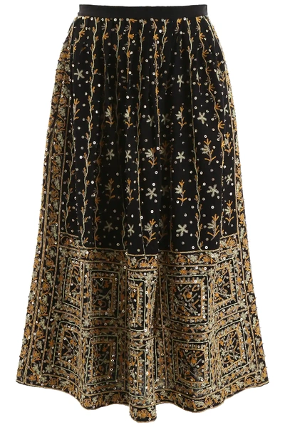 Shop Ulla Johnson Embroidered Skirt In Black,green,yellow