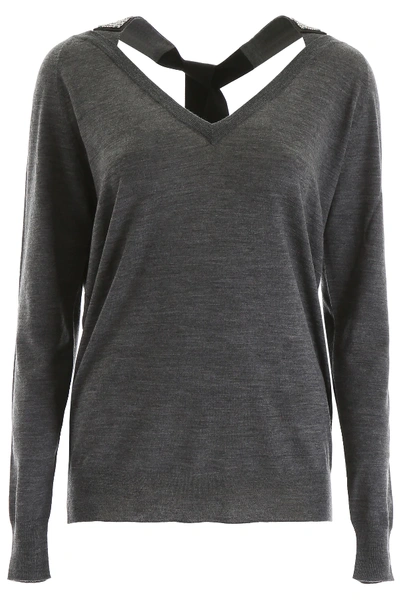 Shop Prada Pullover With Crystal Ribbon In Grey