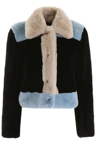 Shop Marni Color Block Fur Jacket In Black,light Blue,white