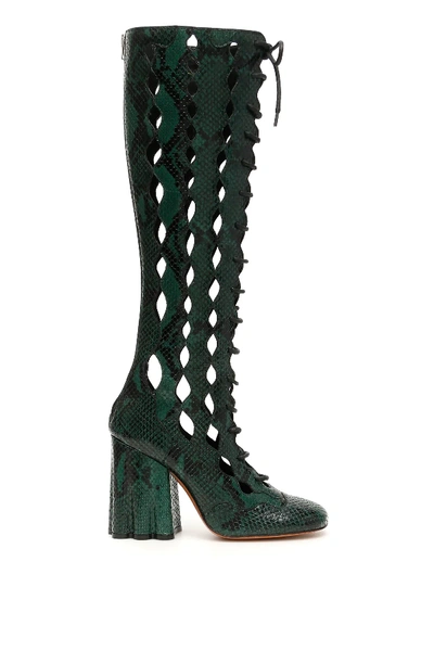 Shop Marni Python Print Boots With Cut-outs In Green,black