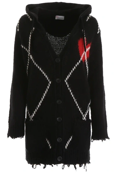 Shop Red Valentino Heart Intarsia Cardigan In Black,white,red