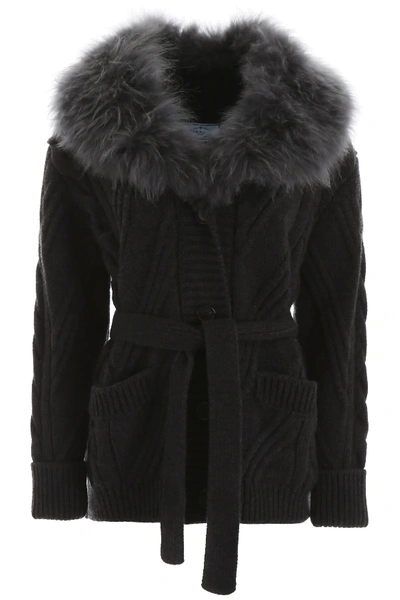 Shop Prada Maxi Cardigan With Fur In Grey