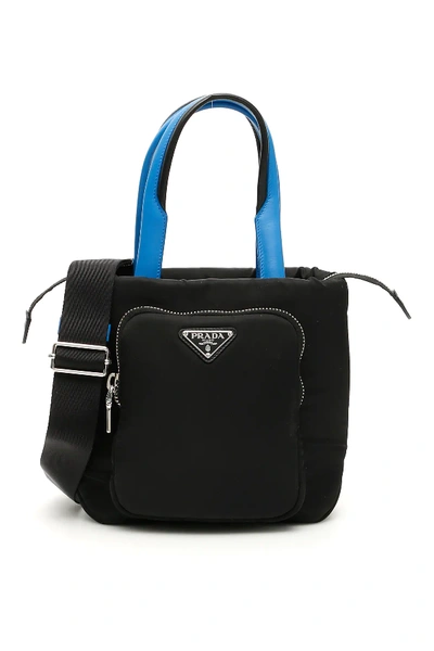 Shop Prada Padded Nylon Tote Bag In Black,light Blue