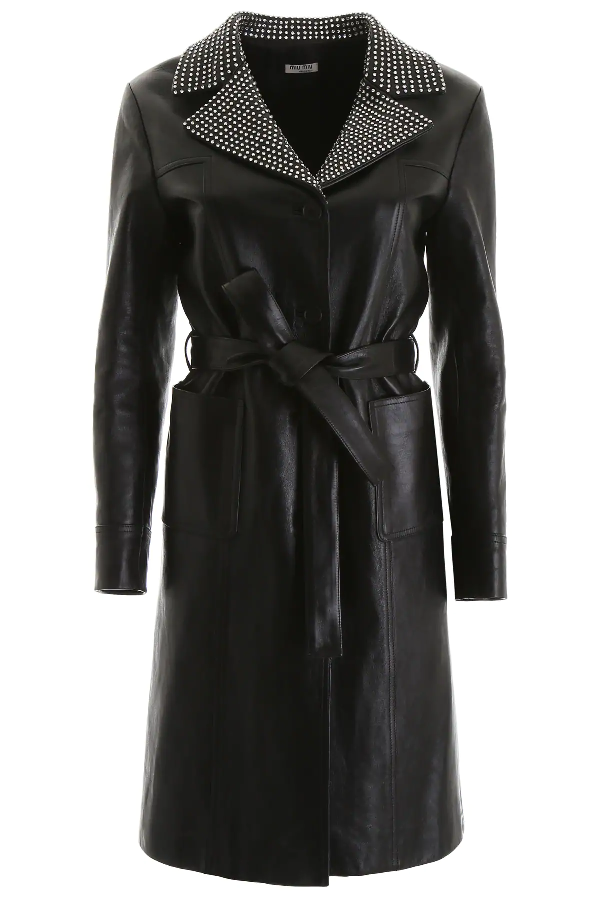 Miu Miu Leather Coat With Crystals In Black | ModeSens