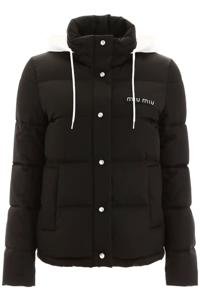 Shop Miu Miu Logo Puffer Jacket With Crystals In Black