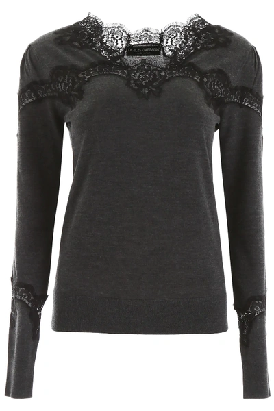 Shop Dolce & Gabbana Pullover With Lace Inserts In Grey,black