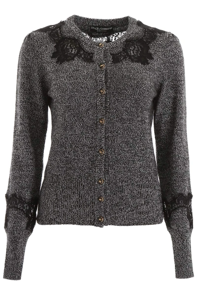 Shop Dolce & Gabbana Cardigan With Lace Inserts In Grey,black