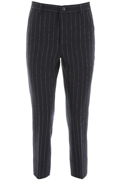 Shop Ganni Pinstriped Trousers In Blue,white
