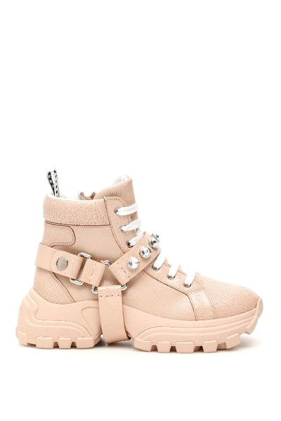 Shop Miu Miu Crackled Combat Sneakers In Pink,beige