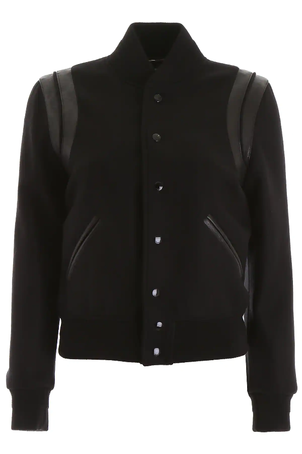 Saint Laurent Teddy Leather Trimmed Wool Blend Bomber Jacket In Black Modesens