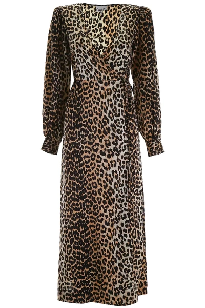 Shop Ganni Leopard-printed Wrap Dress In Black,brown