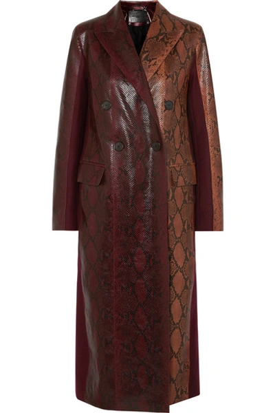 Shop Givenchy Double-breasted Python-effect Leather And Wool-twill Coat In Burgundy