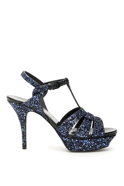 Shop Saint Laurent Glitter Tribute Sandals In Blue,black