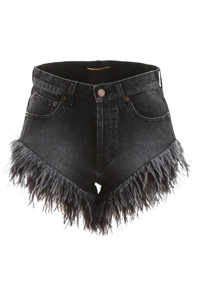 Shop Saint Laurent Denim Shorts With Feathers In Black,grey