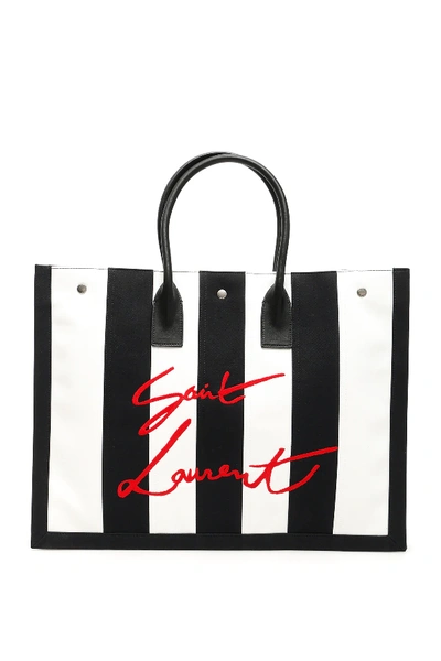 Shop Saint Laurent Noe Cabas Stripe Bag In White,black,red