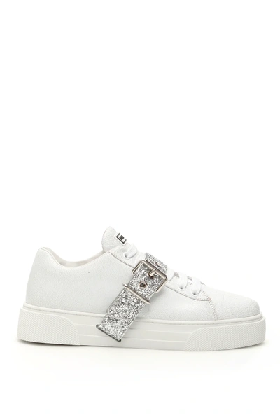 Shop Miu Miu Sneaker With Glitter Strap In White,metallic,silver