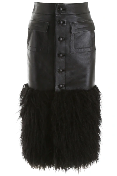 Shop Saint Laurent Leather And Faux Fur Skirt In Black