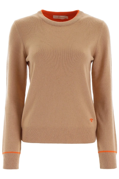 Shop Tory Burch Cashmere Knit With Piping In Beige,orange
