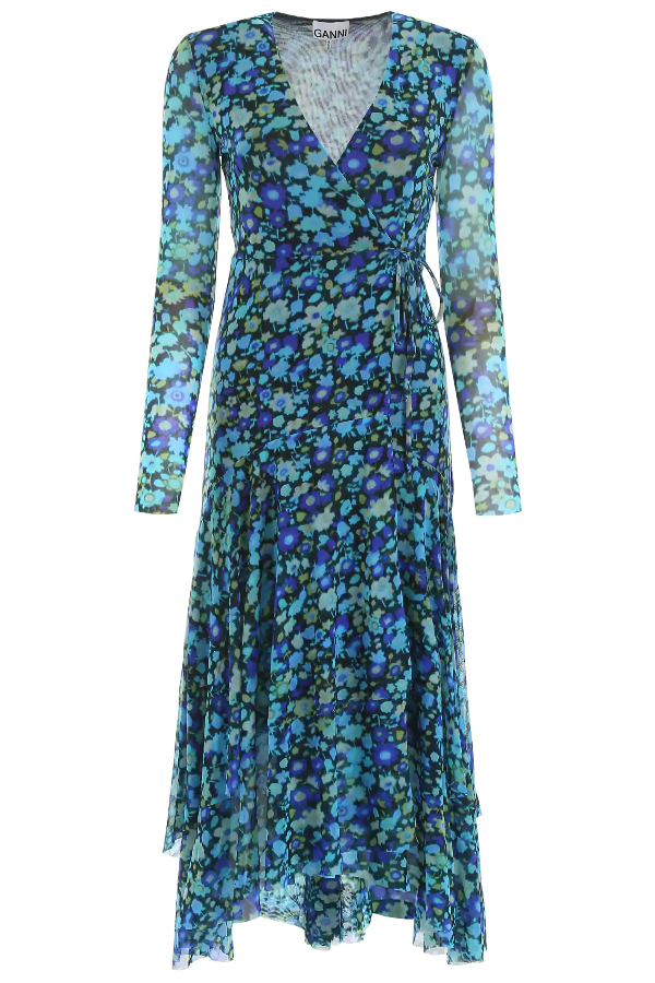ganni floral print wrap dress