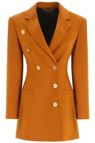 Shop Versace Double-breasted Blazer In Brown,yellow