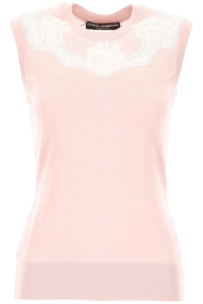 Shop Dolce & Gabbana Top With Lace Inserts In White,pink