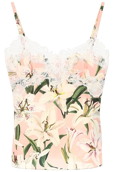 Shop Dolce & Gabbana Lily Print Lingerie Top In Pink,white,green