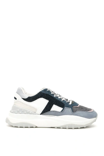 Shop Tod's Leather And Fabric Sneakers In White,blue,grey