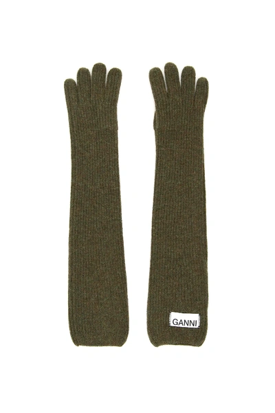 Shop Ganni Long Knit Gloves In Khaki,green