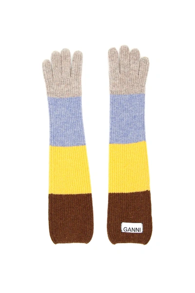 Shop Ganni Multicolor Striped Gloves In Yellow,light Blue,beige